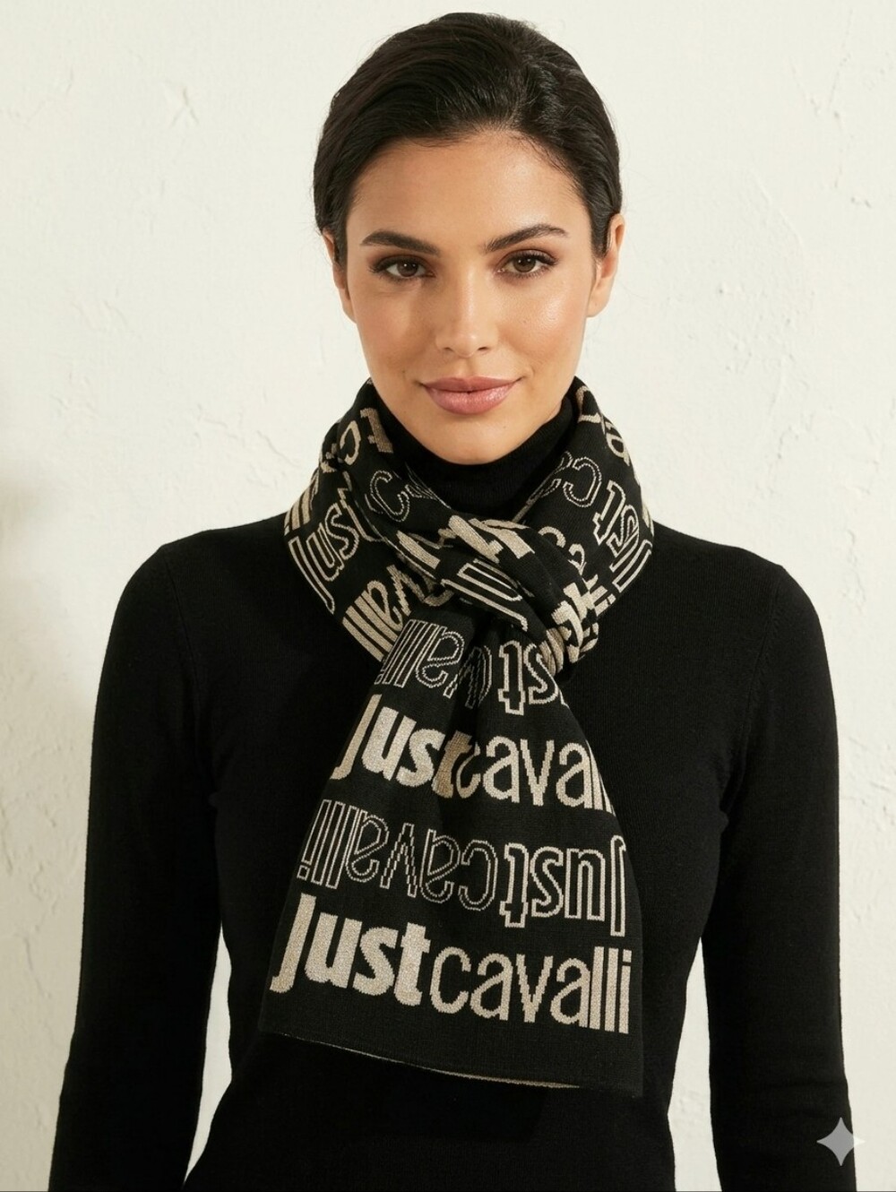 Just Cavalli Black and Cream Logo Glitter Knit Scarf ITALY